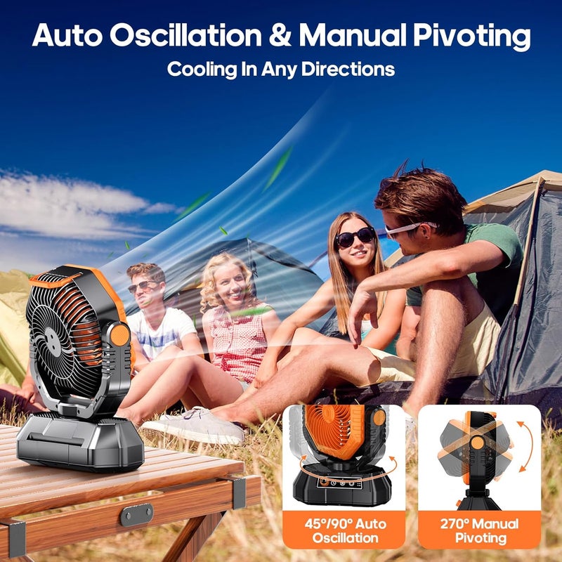 AJVV Camping Fan Rechargeable, Battery Powered Fan With Remote Controller, LED Light, Dual Motors, Stepless Speed, 45°/90°/270° Swing,Timer, Portable fan For Travel Tent Bedroom Beach Fishing, Orange - Image 5
